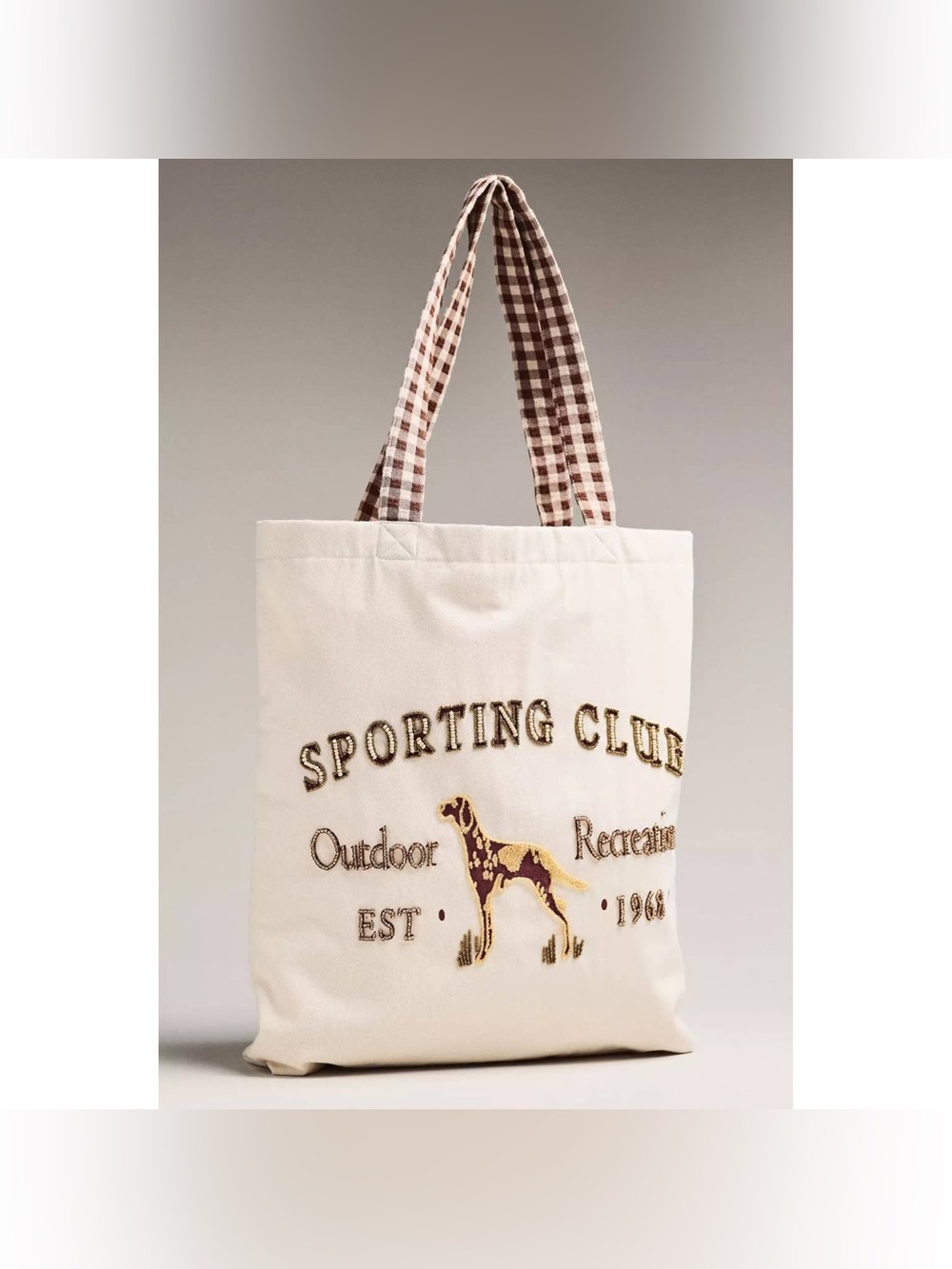 NWT new Anthropologie Printed Beaded Canvas Tote Bag sporting club dog gingham